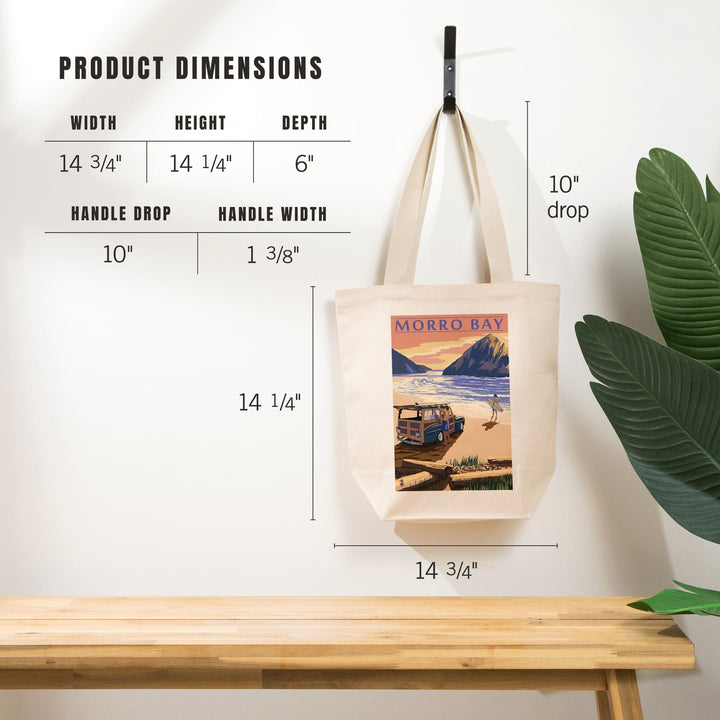 Morro Bay, California, Woody on Beach with Surfer, Tote Bag Totes Lantern Press 