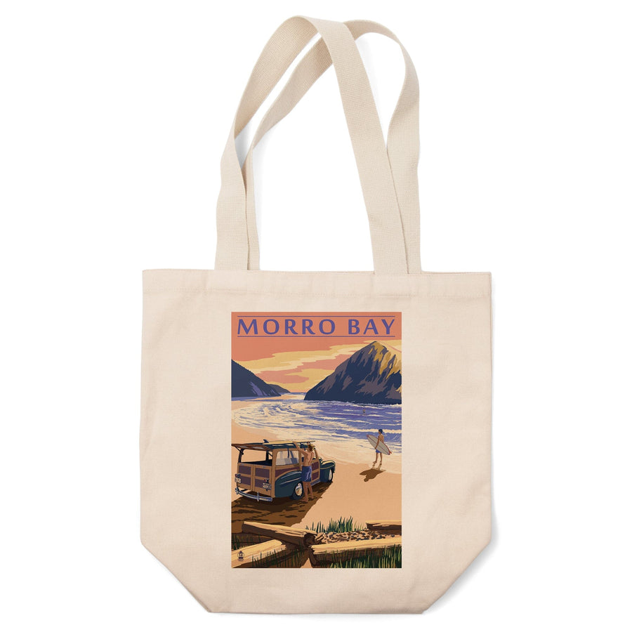 Morro Bay, California, Woody on Beach with Surfer, Tote Bag Totes Lantern Press 