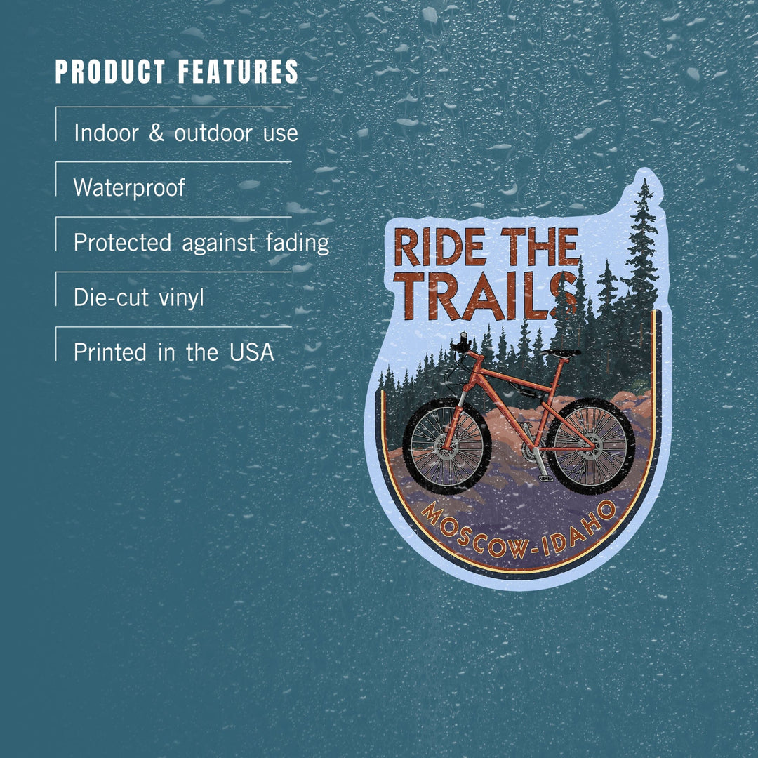 Moscow, Idaho, Ride the Trails, Mountain Bike Scene, Contour, Lantern Press Artwork, Vinyl Sticker Sticker Lantern Press 