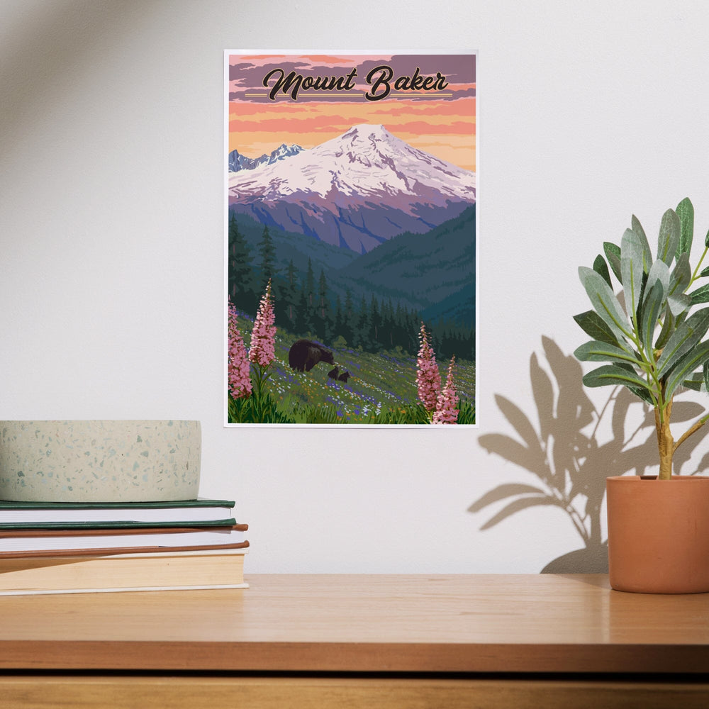 Mount Baker, Washington, Bears and Spring Flowers, Art & Giclee Prints Art Lantern Press 