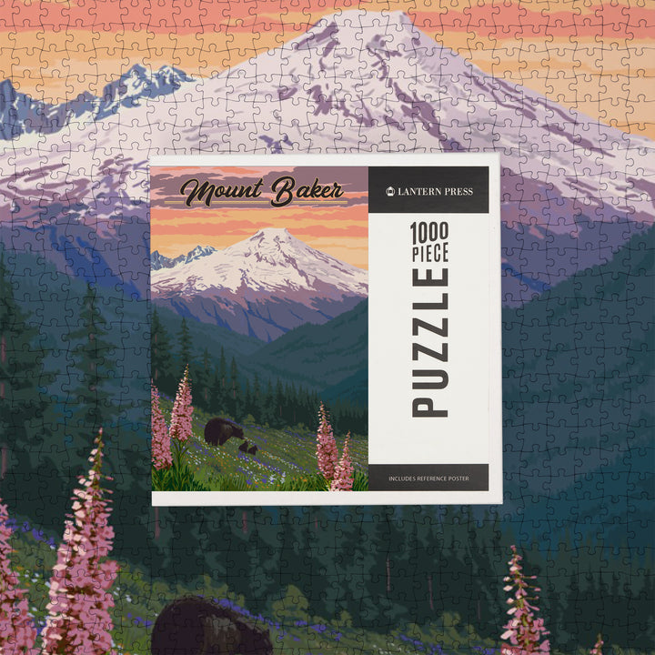 Mount Baker, Washington, Bears and Spring Flowers, Jigsaw Puzzle Puzzle Lantern Press 