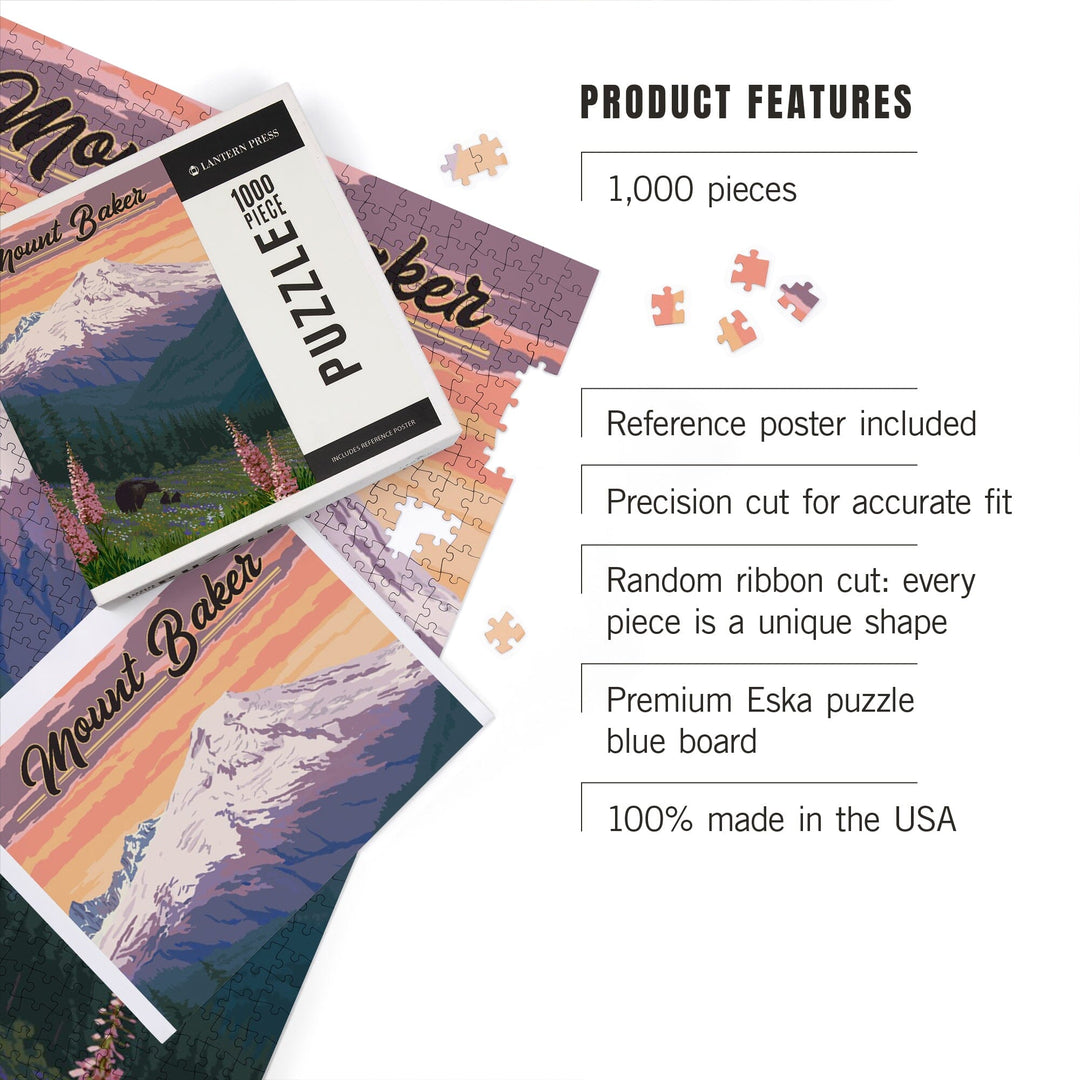 Mount Baker, Washington, Bears and Spring Flowers, Jigsaw Puzzle Puzzle Lantern Press 
