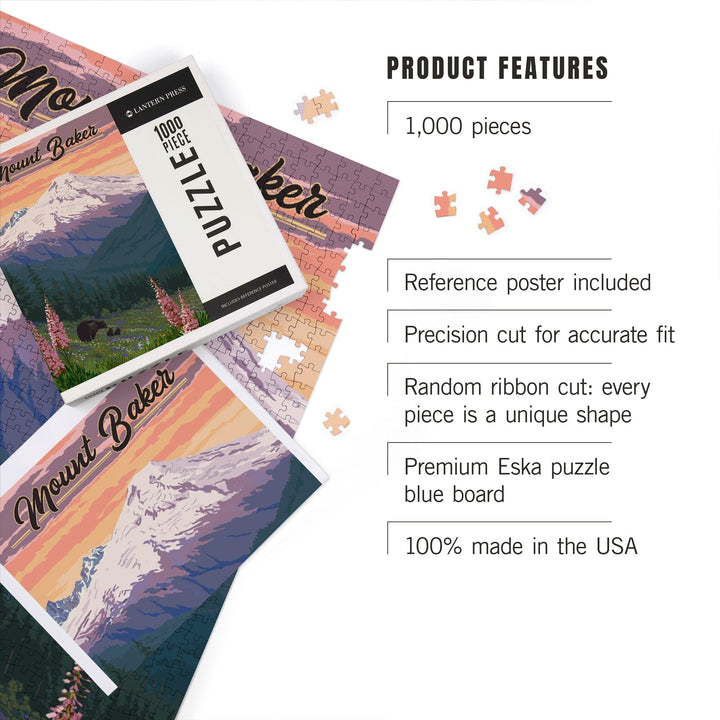 Mount Baker, Washington, Bears and Spring Flowers, Jigsaw Puzzle Puzzle Lantern Press 