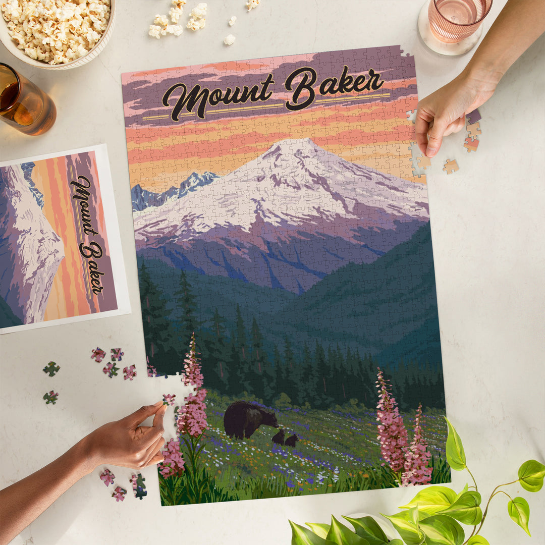 Mount Baker, Washington, Bears and Spring Flowers, Jigsaw Puzzle Puzzle Lantern Press 