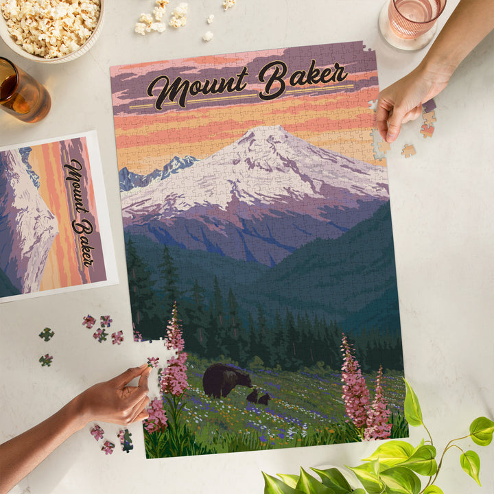 Mount Baker, Washington, Bears and Spring Flowers, Jigsaw Puzzle Puzzle Lantern Press 