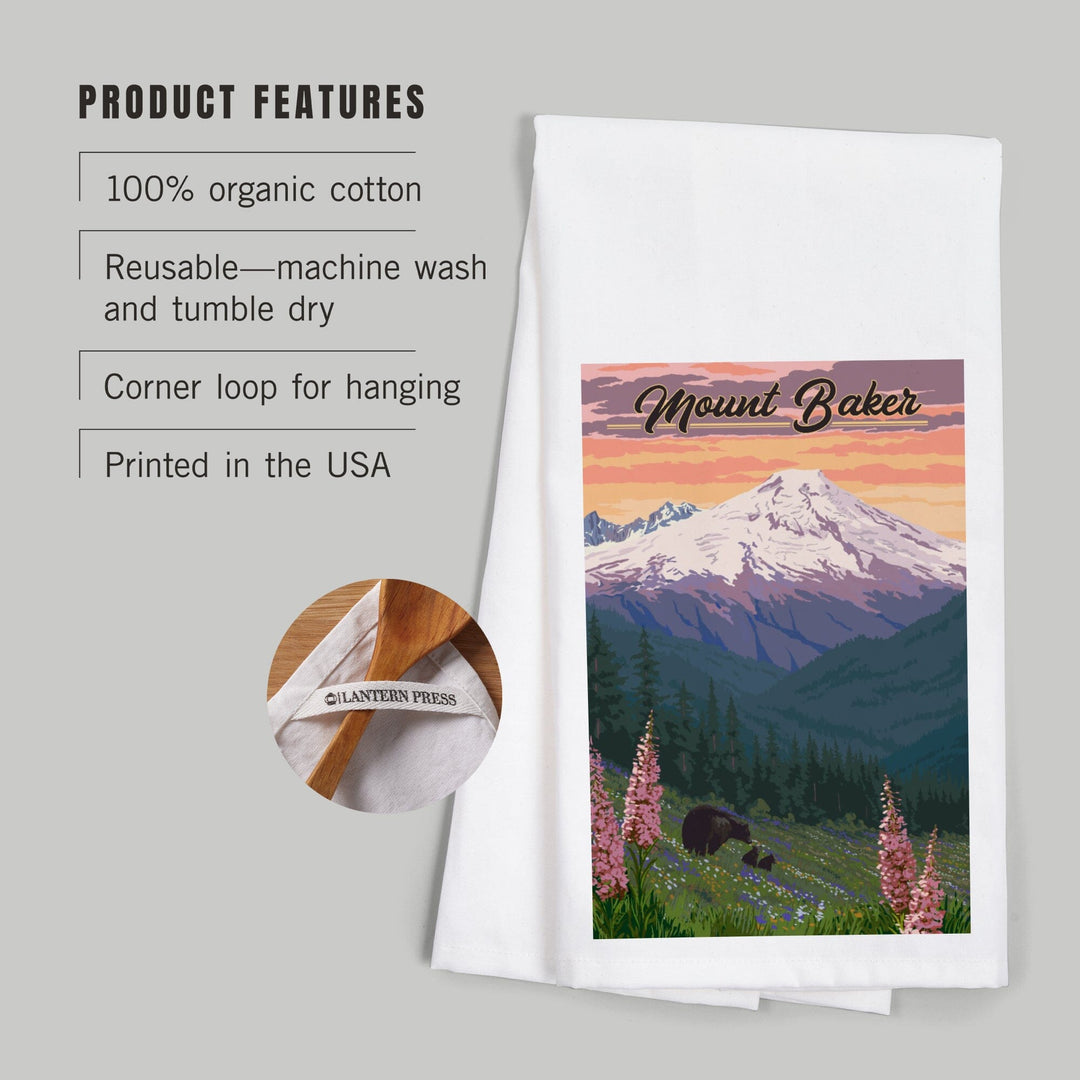 Mount Baker, Washington, Bears and Spring Flowers, Organic Cotton Kitchen Tea Towels Kitchen Lantern Press 