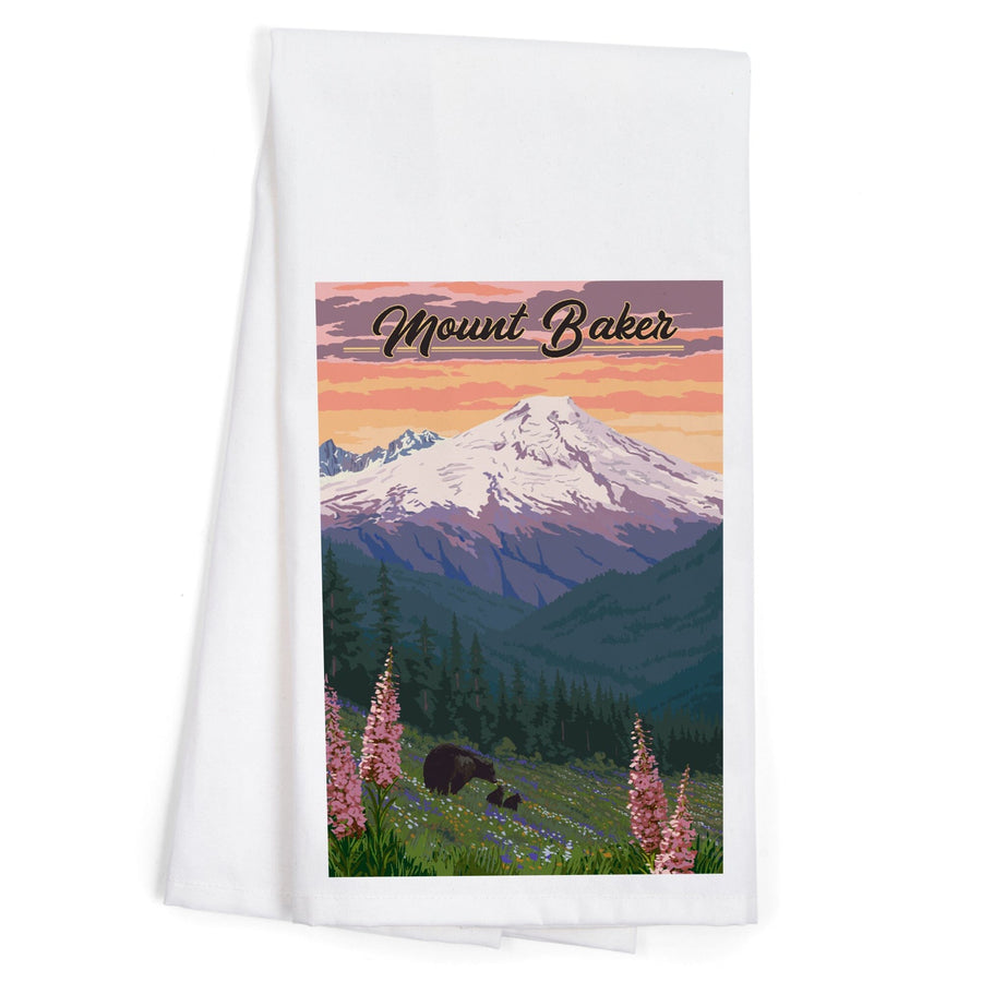 Mount Baker, Washington, Bears and Spring Flowers, Organic Cotton Kitchen Tea Towels Kitchen Lantern Press 