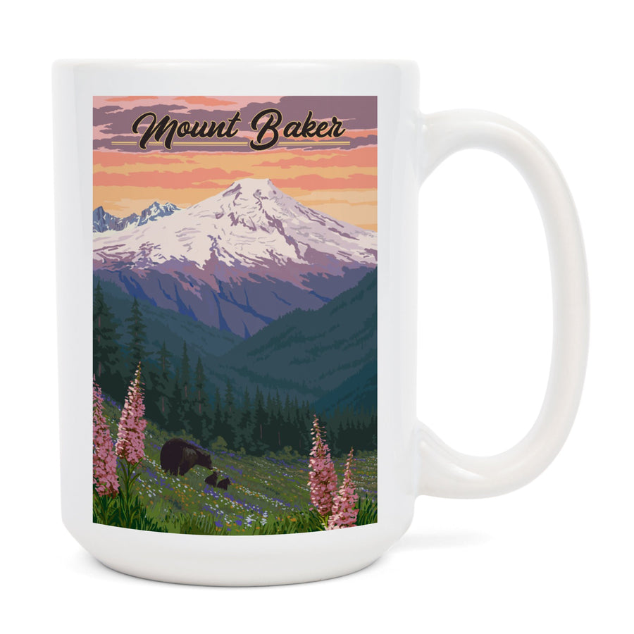 Mount Baker, Washington, Bears & Spring Flowers, Lantern Press Artwork, Ceramic Mug Mugs Lantern Press 