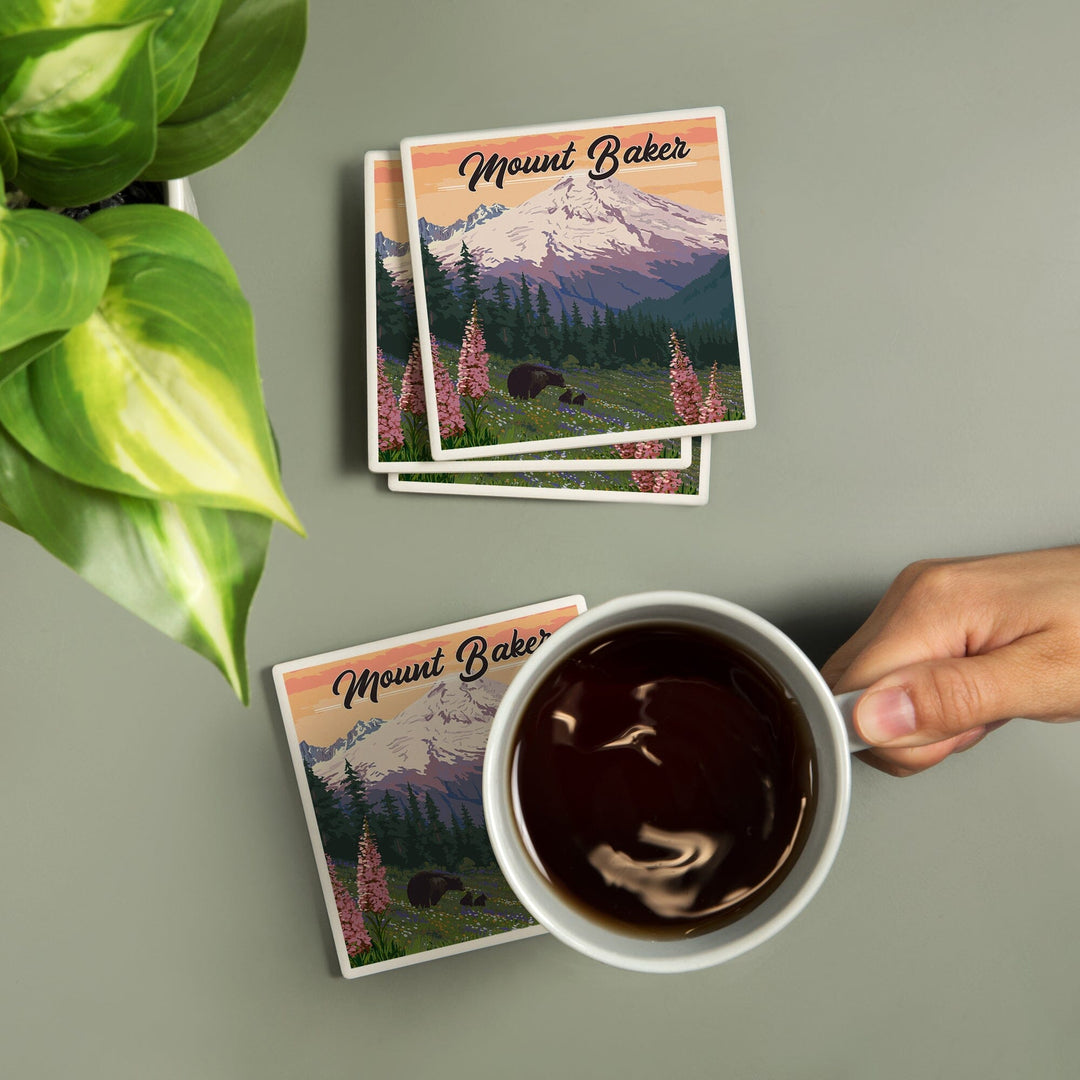 Mount Baker, Washington, Bears & Spring Flowers, Lantern Press Artwork, Coaster Set Coasters Lantern Press 