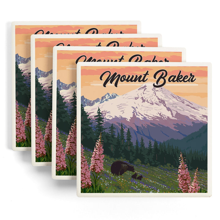 Mount Baker, Washington, Bears & Spring Flowers, Lantern Press Artwork, Coaster Set Coasters Lantern Press 