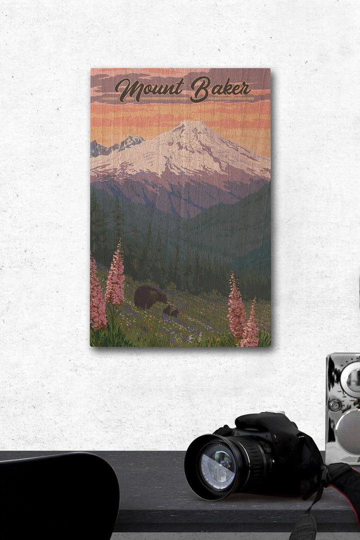 Mount Baker, Washington, Bears & Spring Flowers, Lantern Press Artwork, Wood Signs and Postcards Wood Lantern Press 12 x 18 Wood Gallery Print 