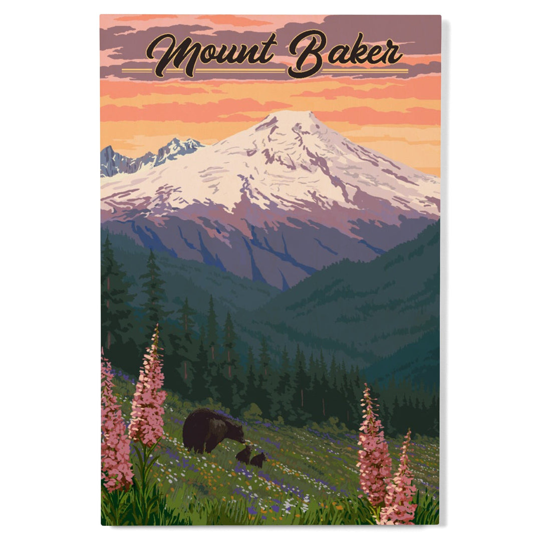 Mount Baker, Washington, Bears & Spring Flowers, Lantern Press Artwork, Wood Signs and Postcards Wood Lantern Press 