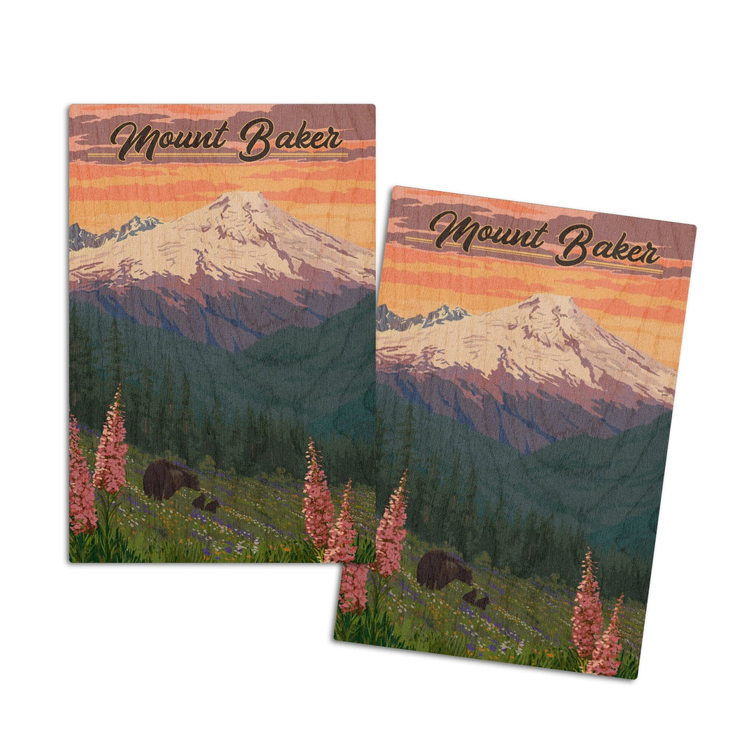 Mount Baker, Washington, Bears & Spring Flowers, Lantern Press Artwork, Wood Signs and Postcards Wood Lantern Press 4x6 Wood Postcard Set 