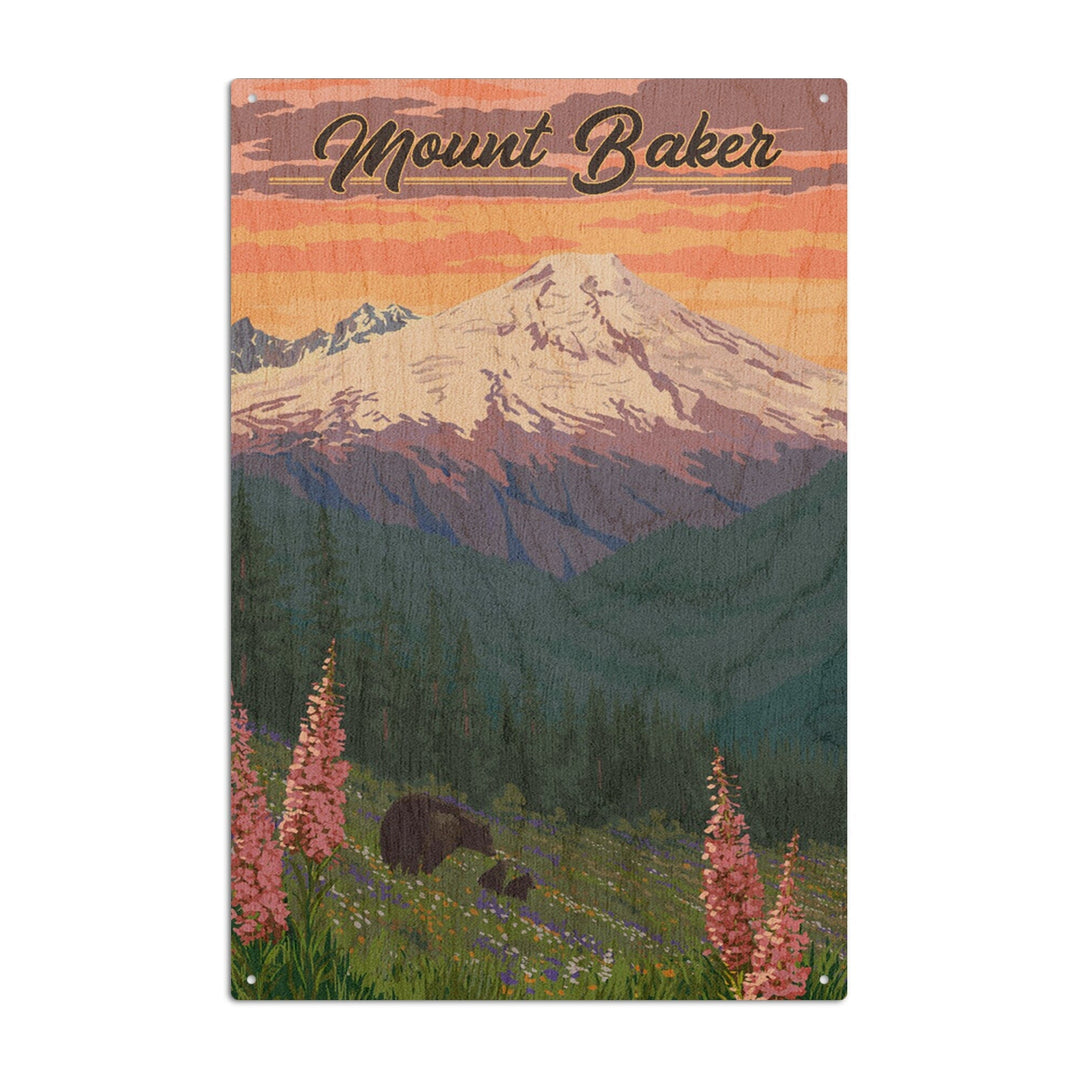 Mount Baker, Washington, Bears & Spring Flowers, Lantern Press Artwork, Wood Signs and Postcards Wood Lantern Press 6x9 Wood Sign 