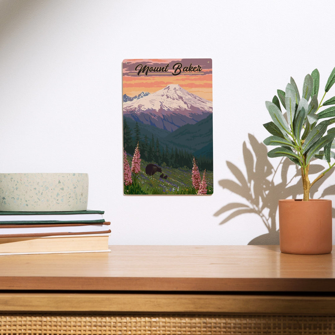 Mount Baker, Washington, Bears & Spring Flowers, Lantern Press Artwork, Wood Signs and Postcards Wood Lantern Press 