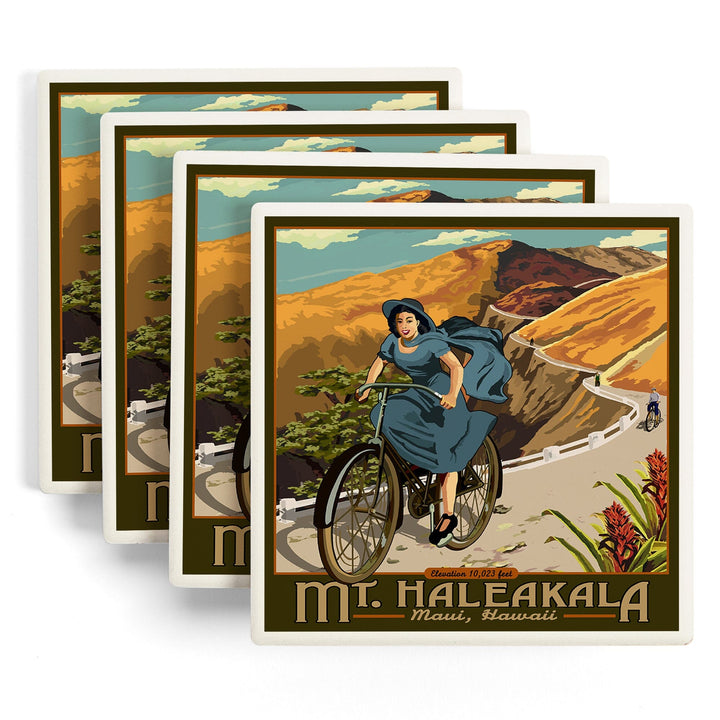 Mount Haleakala, Hawaii, Bicycle, Lantern Press Artwork, Coaster Set Coasters Lantern Press 