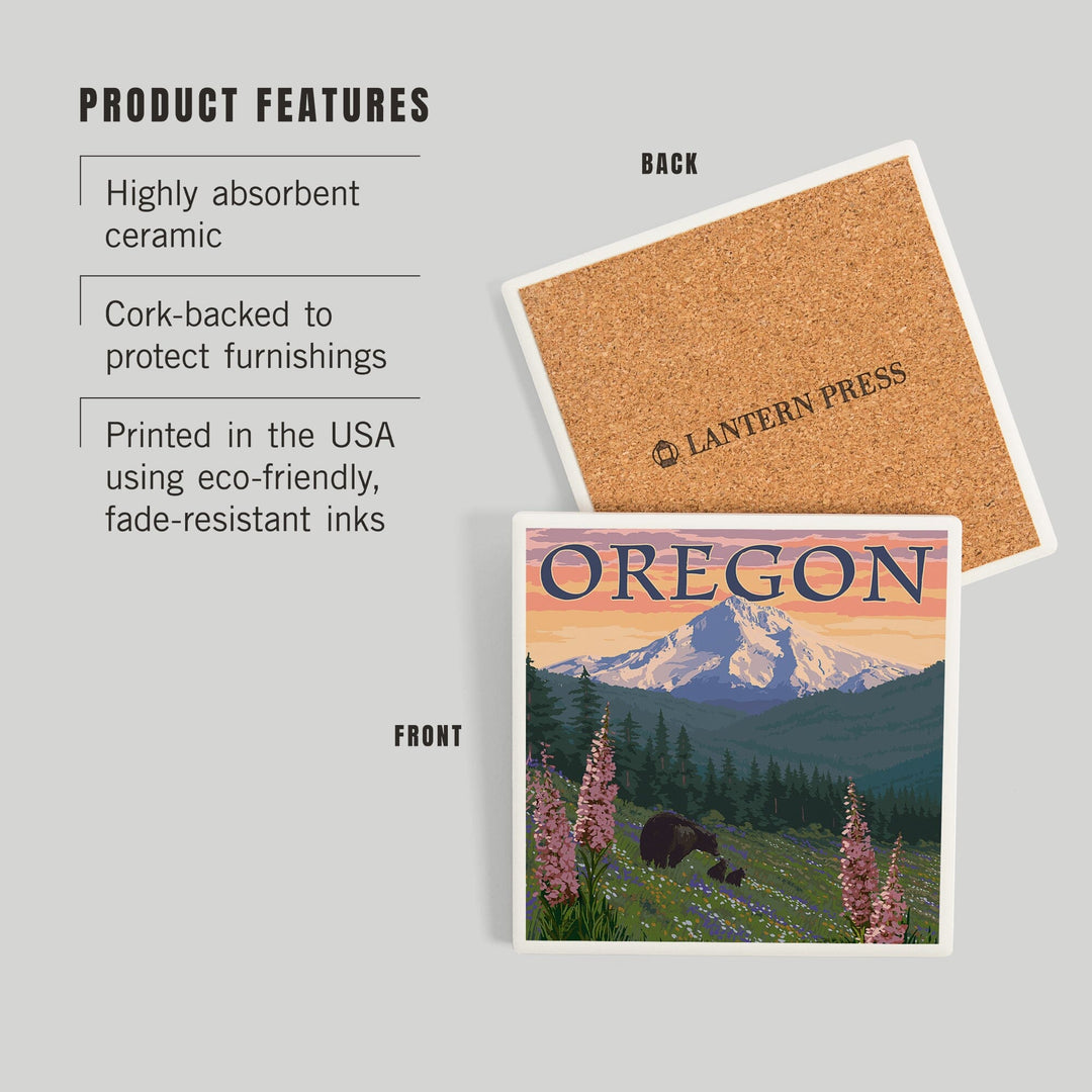 Mount Hood, Oregon, Bear Family and Spring Flowers, Coasters Coasters Lantern Press 
