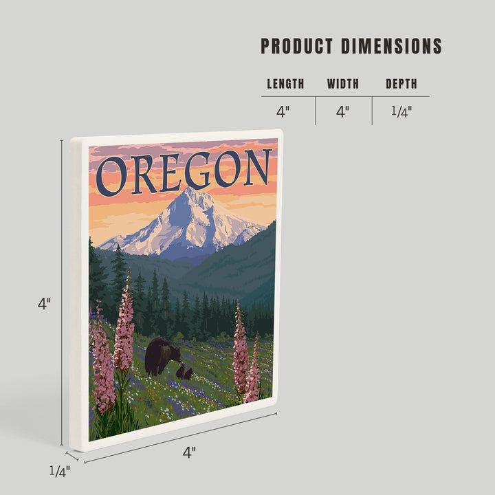 Mount Hood, Oregon, Bear Family and Spring Flowers, Coasters Coasters Lantern Press 