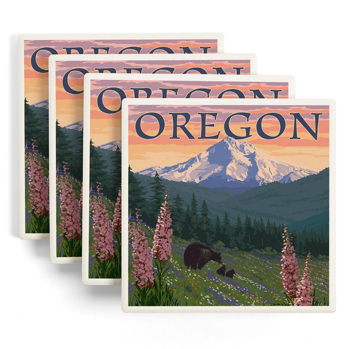 Mount Hood, Oregon, Bear Family and Spring Flowers, Coasters Coasters Lantern Press 