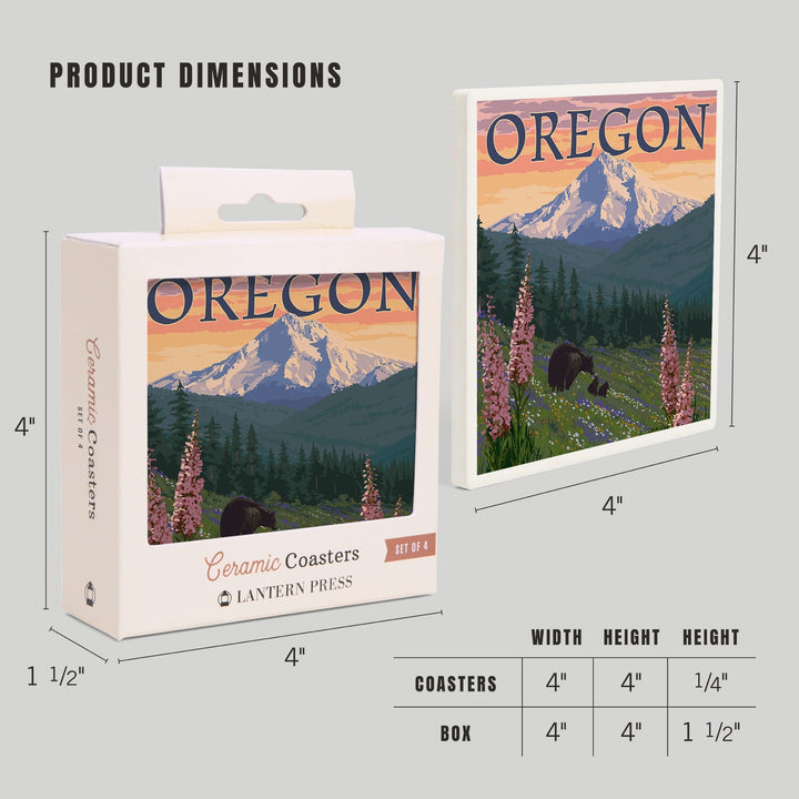 Mount Hood, Oregon, Bear Family and Spring Flowers, Coasters Coasters Lantern Press 