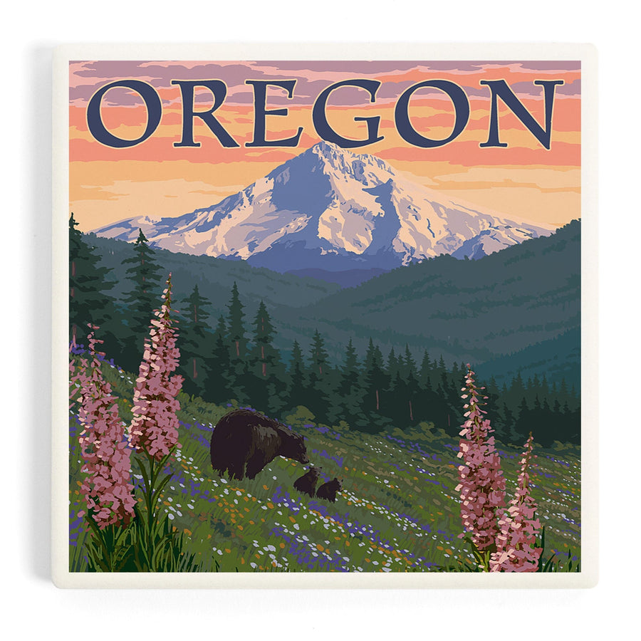 Mount Hood, Oregon, Bear Family and Spring Flowers, Coasters Coasters Lantern Press 