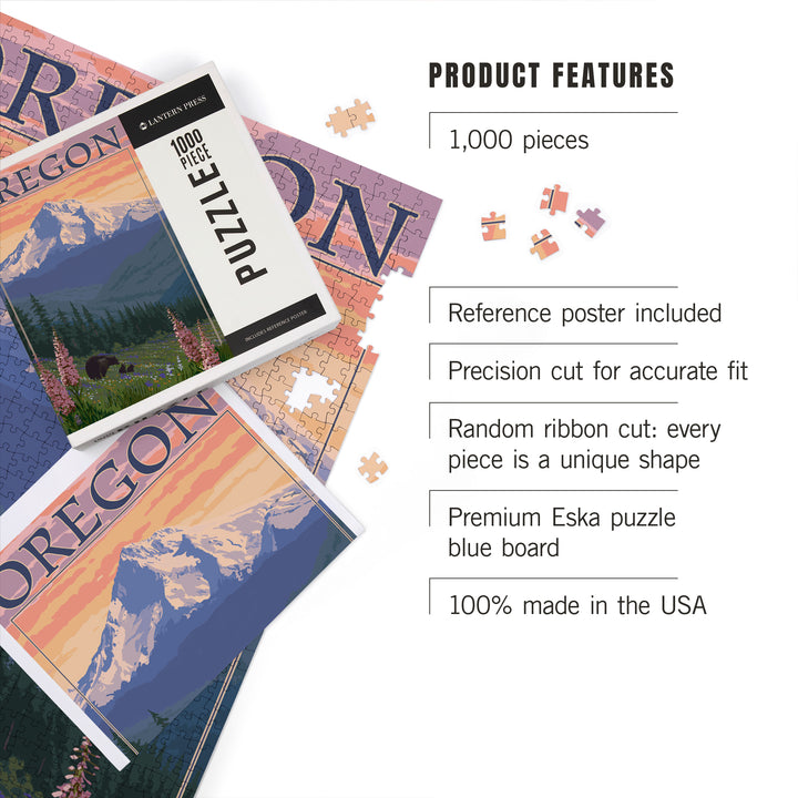 Mount Hood, Oregon, Bear Family and Spring Flowers, Jigsaw Puzzle Puzzle Lantern Press 