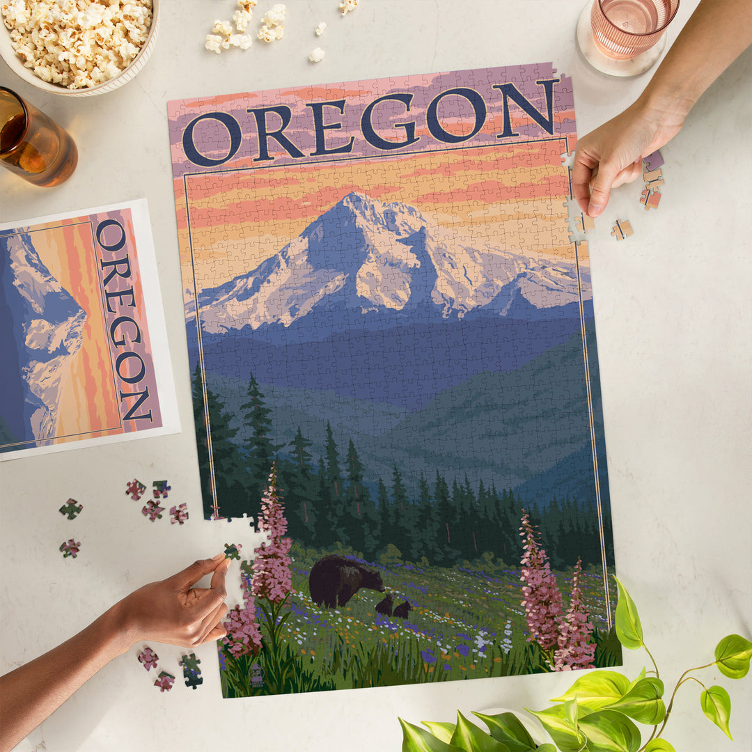Mount Hood, Oregon, Bear Family and Spring Flowers, Jigsaw Puzzle Puzzle Lantern Press 