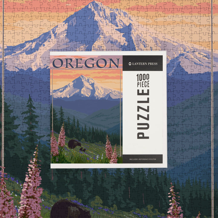 Mount Hood, Oregon, Bear Family and Spring Flowers, Jigsaw Puzzle Puzzle Lantern Press 