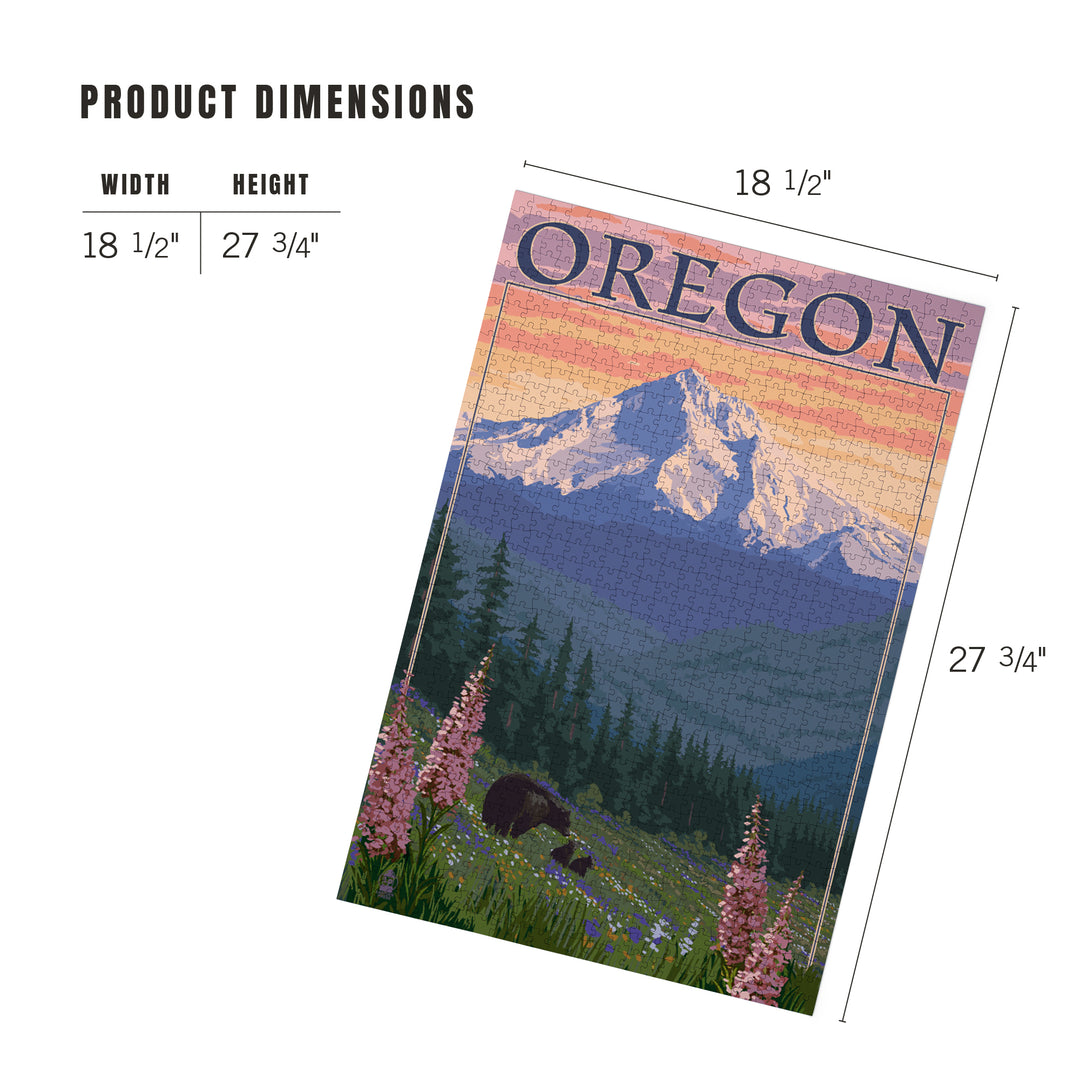 Mount Hood, Oregon, Bear Family and Spring Flowers, Jigsaw Puzzle Puzzle Lantern Press 