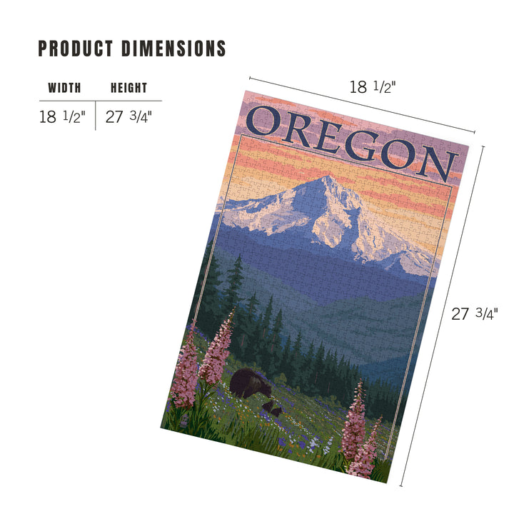 Mount Hood, Oregon, Bear Family and Spring Flowers, Jigsaw Puzzle Puzzle Lantern Press 