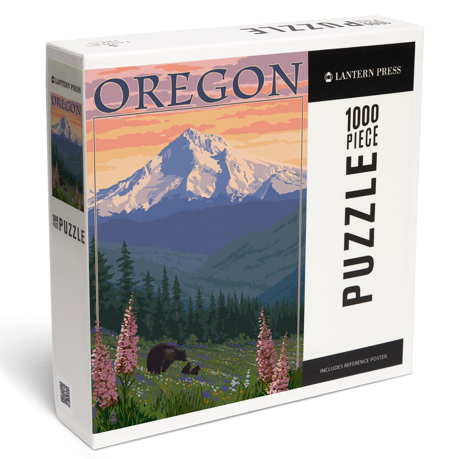 Mount Hood, Oregon, Bear Family and Spring Flowers, Jigsaw Puzzle Puzzle Lantern Press 