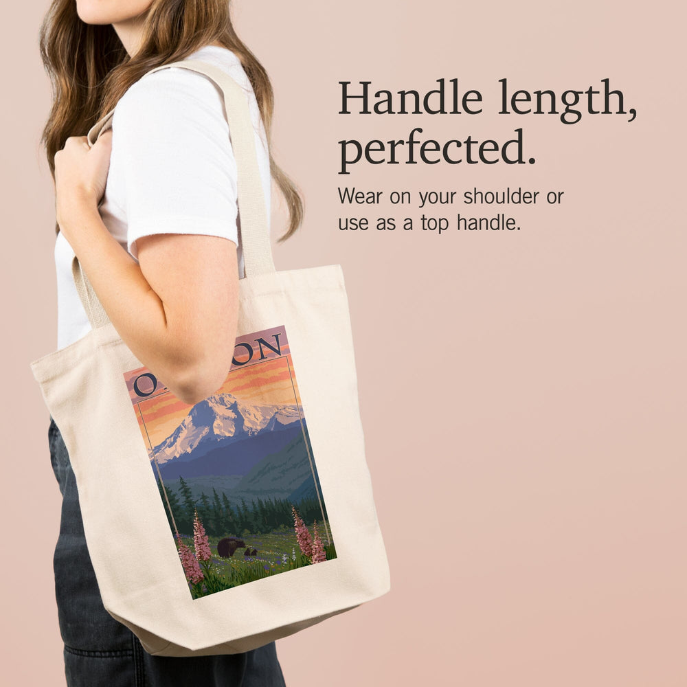 Mount Hood, Oregon, Bear Family and Spring Flowers, Tote Bag Totes Lantern Press 