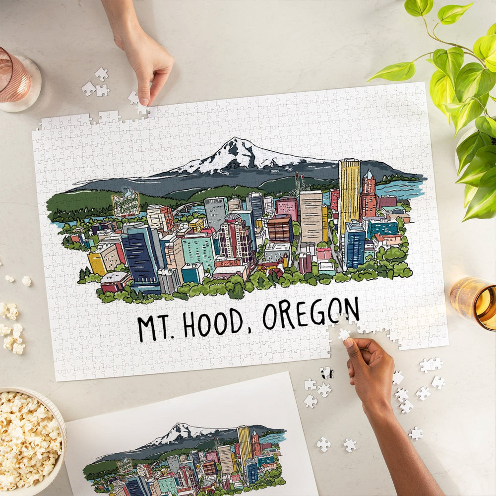 Mount Hood, Oregon, City and Mountain, Line Drawing, Jigsaw Puzzle Puzzle Lantern Press 