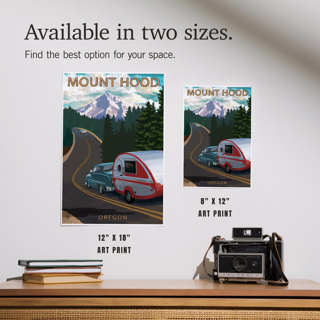 Mount Hood, Oregon, Retro Camper on Road, Art & Giclee Prints Art Lantern Press 