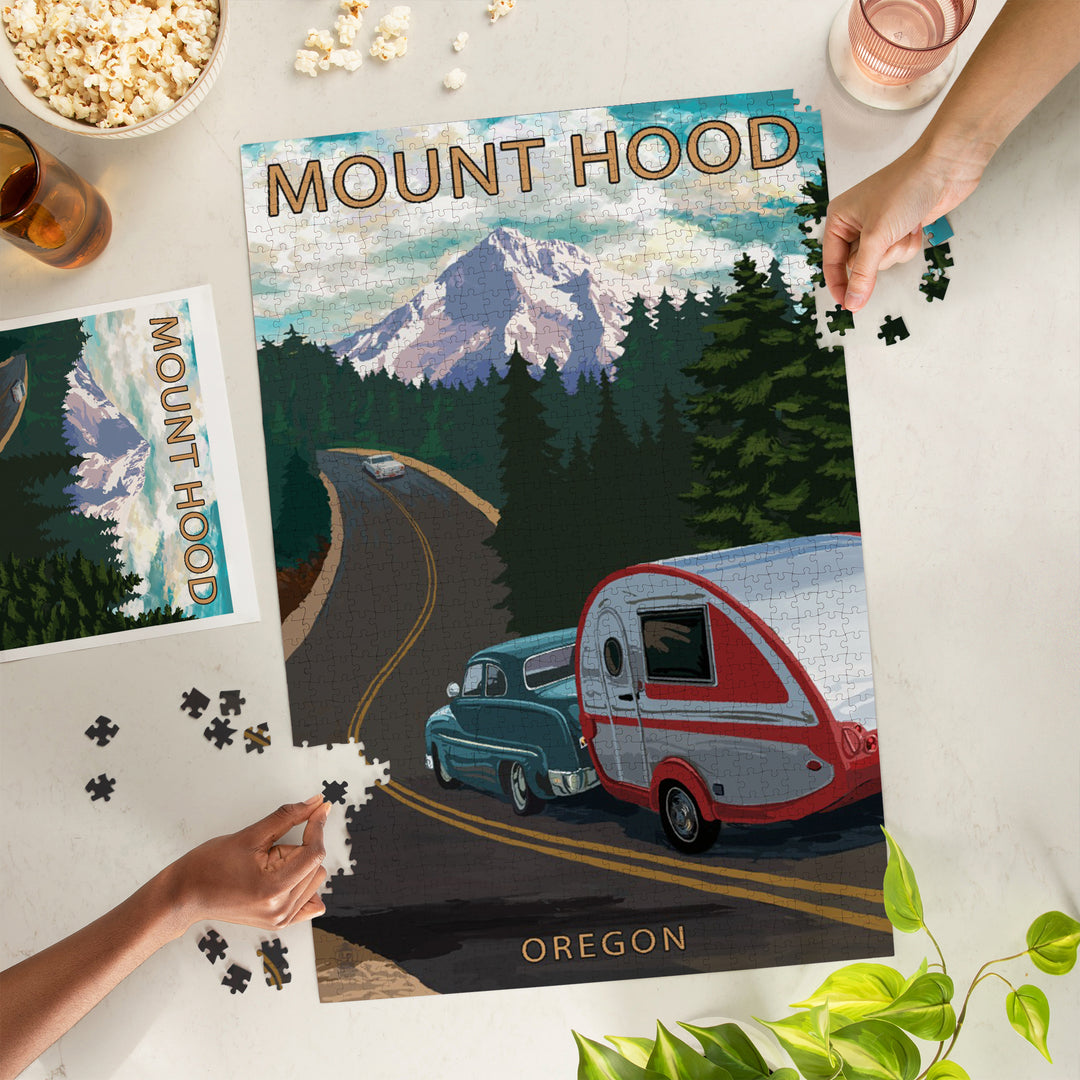 Mount Hood, Oregon, Retro Camper on Road, Jigsaw Puzzle Puzzle Lantern Press 
