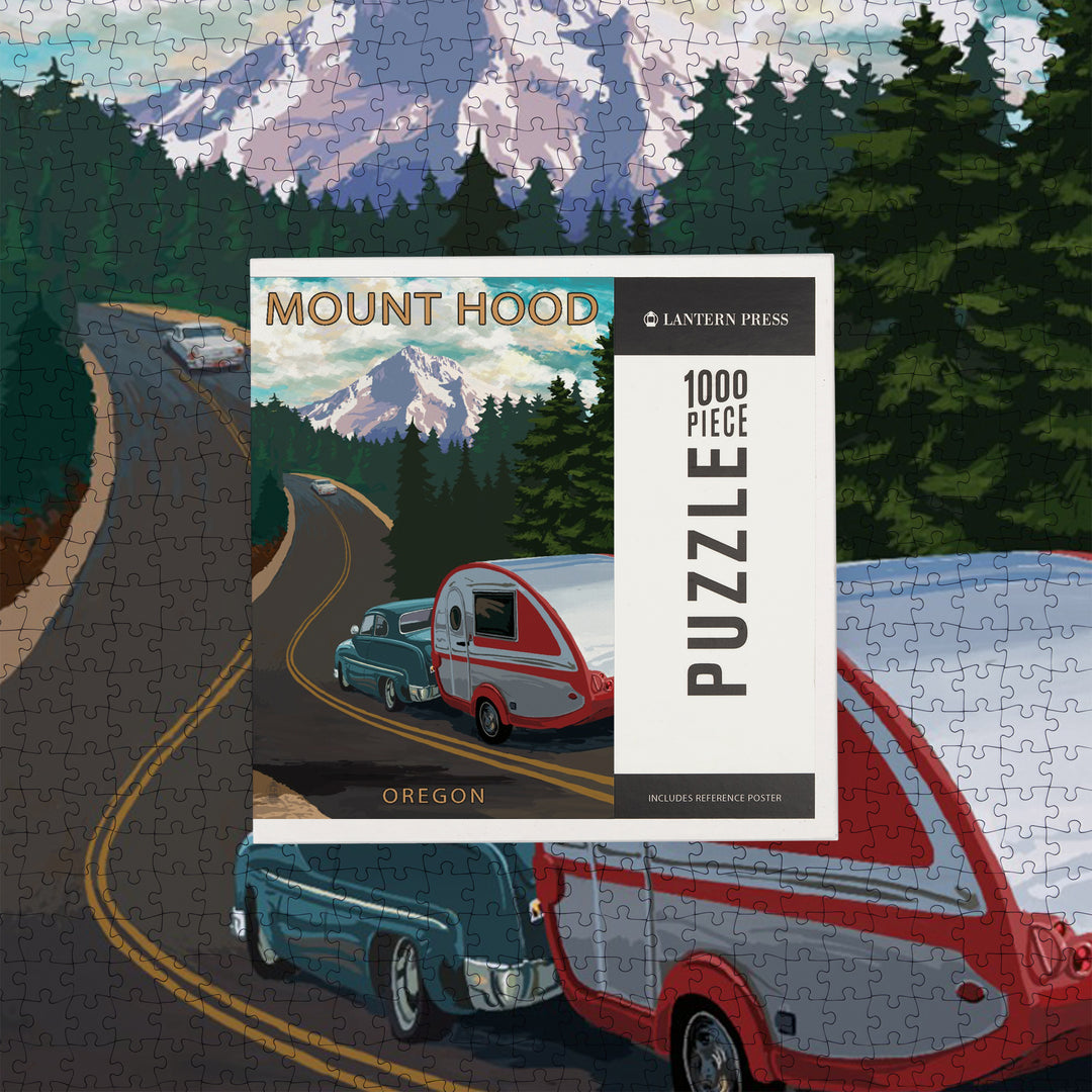 Mount Hood, Oregon, Retro Camper on Road, Jigsaw Puzzle Puzzle Lantern Press 