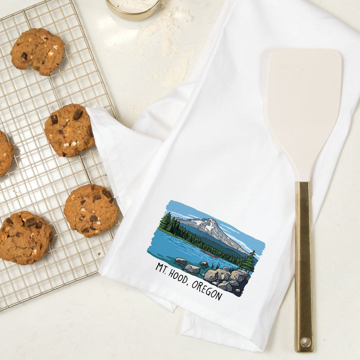 Mount Hood, Oregon, River and Mountain, Line Drawing, Organic Cotton Kitchen Tea Towels Kitchen Lantern Press 