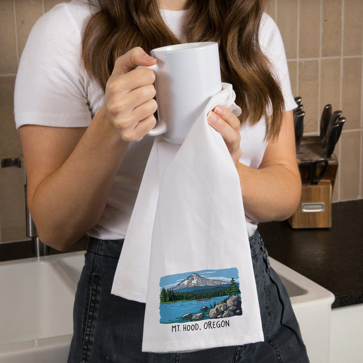 Mount Hood, Oregon, River and Mountain, Line Drawing, Organic Cotton Kitchen Tea Towels Kitchen Lantern Press 
