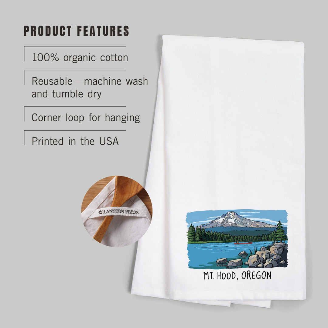 Mount Hood, Oregon, River and Mountain, Line Drawing, Organic Cotton Kitchen Tea Towels Kitchen Lantern Press 