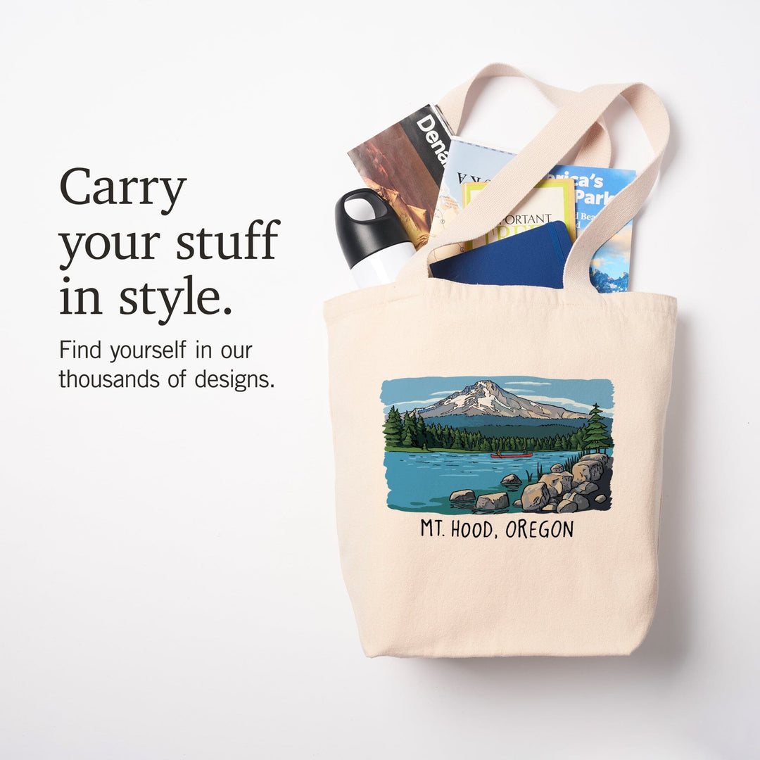 Mount Hood, Oregon, River & Mountain, Line Drawing, Lantern Press Artwork, Tote Bag Totes Lantern Press 