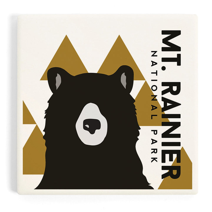 Mount Rainier National Park, Bear and Triangles, Yellow Horizontal, Coasters Coasters Lantern Press 