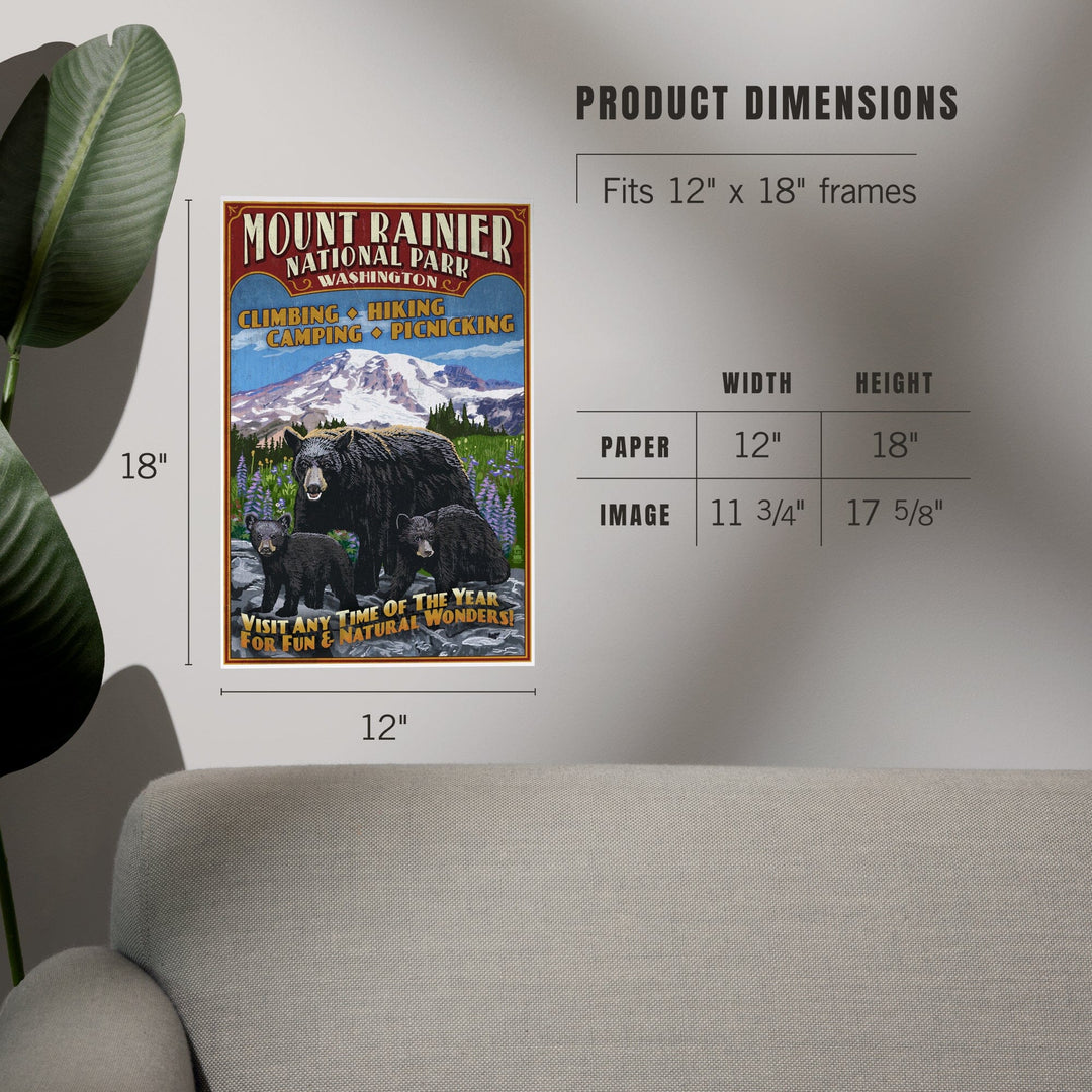 Mount Rainier National Park, Bear Family Vintage Sign, Art & Giclee Prints Art Lantern Press 