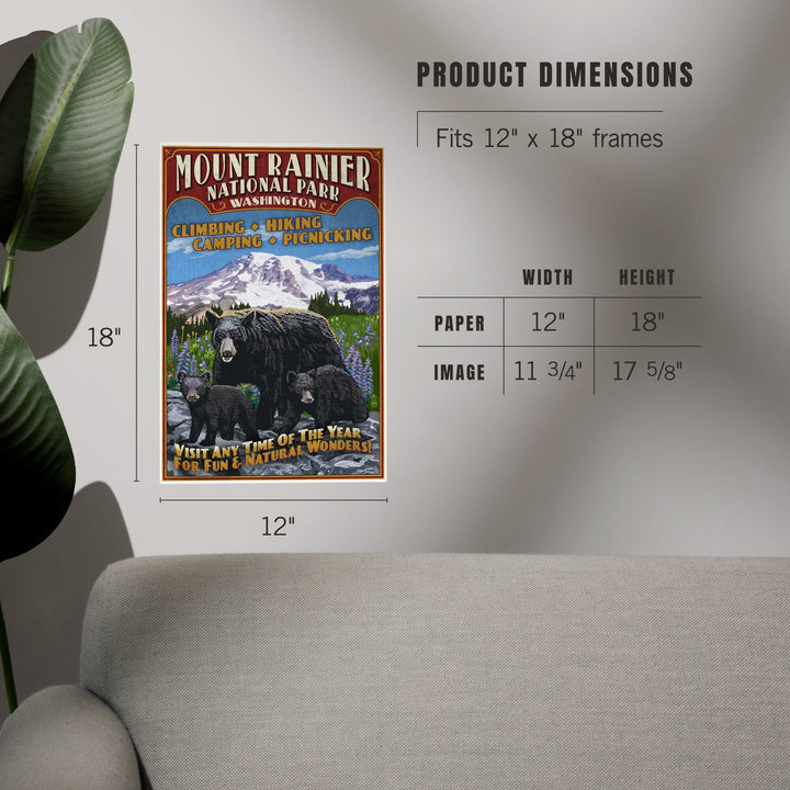 Mount Rainier National Park, Bear Family Vintage Sign, Art & Giclee Prints Art Lantern Press 