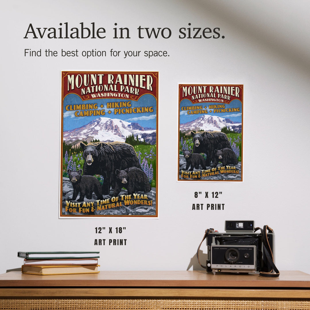 Mount Rainier National Park, Bear Family Vintage Sign, Art & Giclee Prints Art Lantern Press 