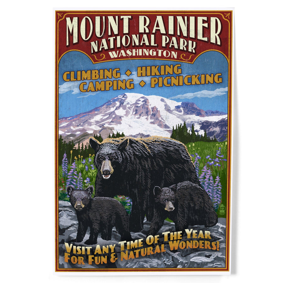 Mount Rainier National Park, Bear Family Vintage Sign, Art & Giclee Prints Art Lantern Press 