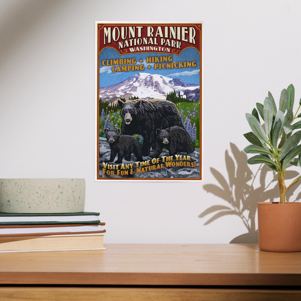 Mount Rainier National Park, Bear Family Vintage Sign, Art & Giclee Prints Art Lantern Press 