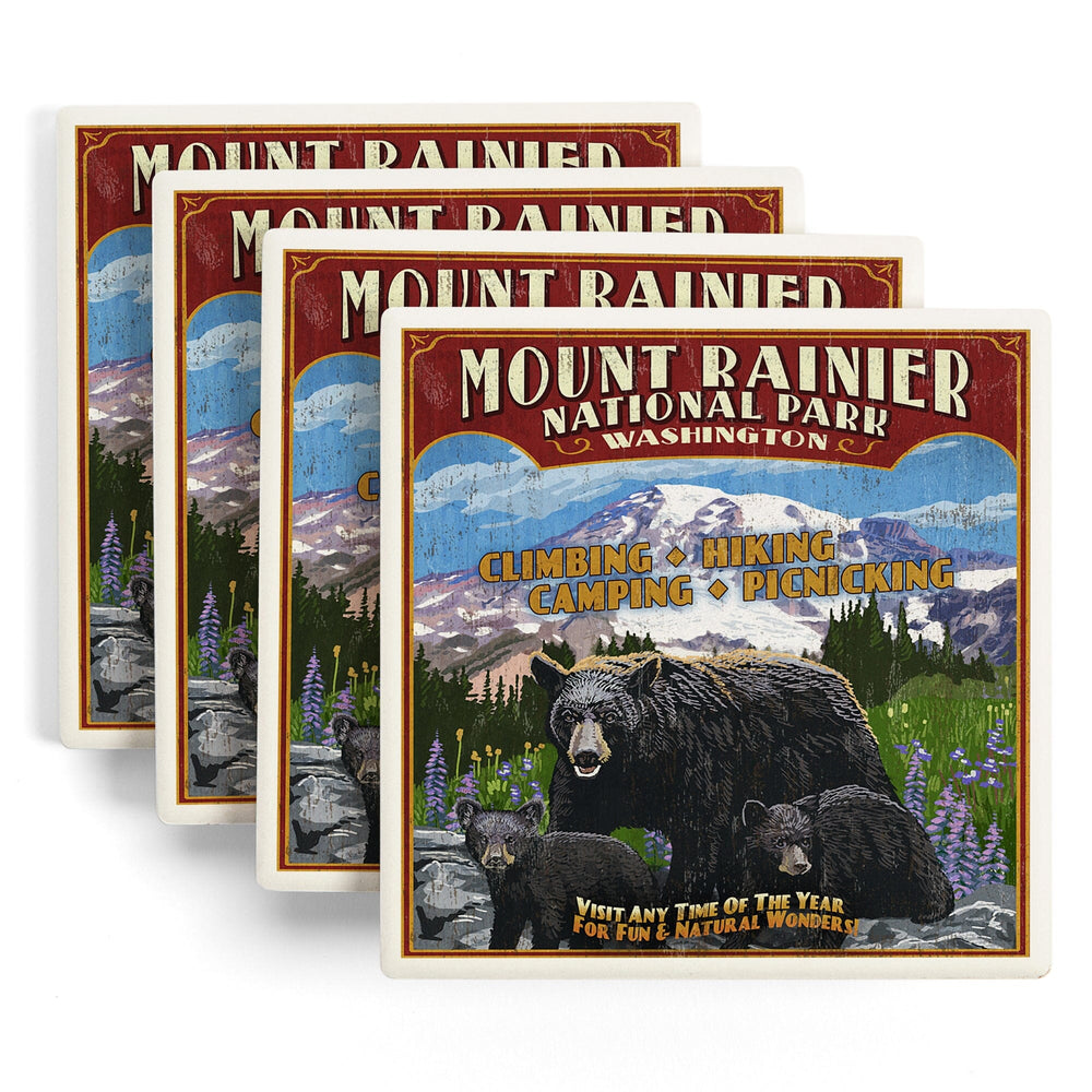 Mount Rainier National Park, Bear Family Vintage Sign, Coasters Coasters Lantern Press 