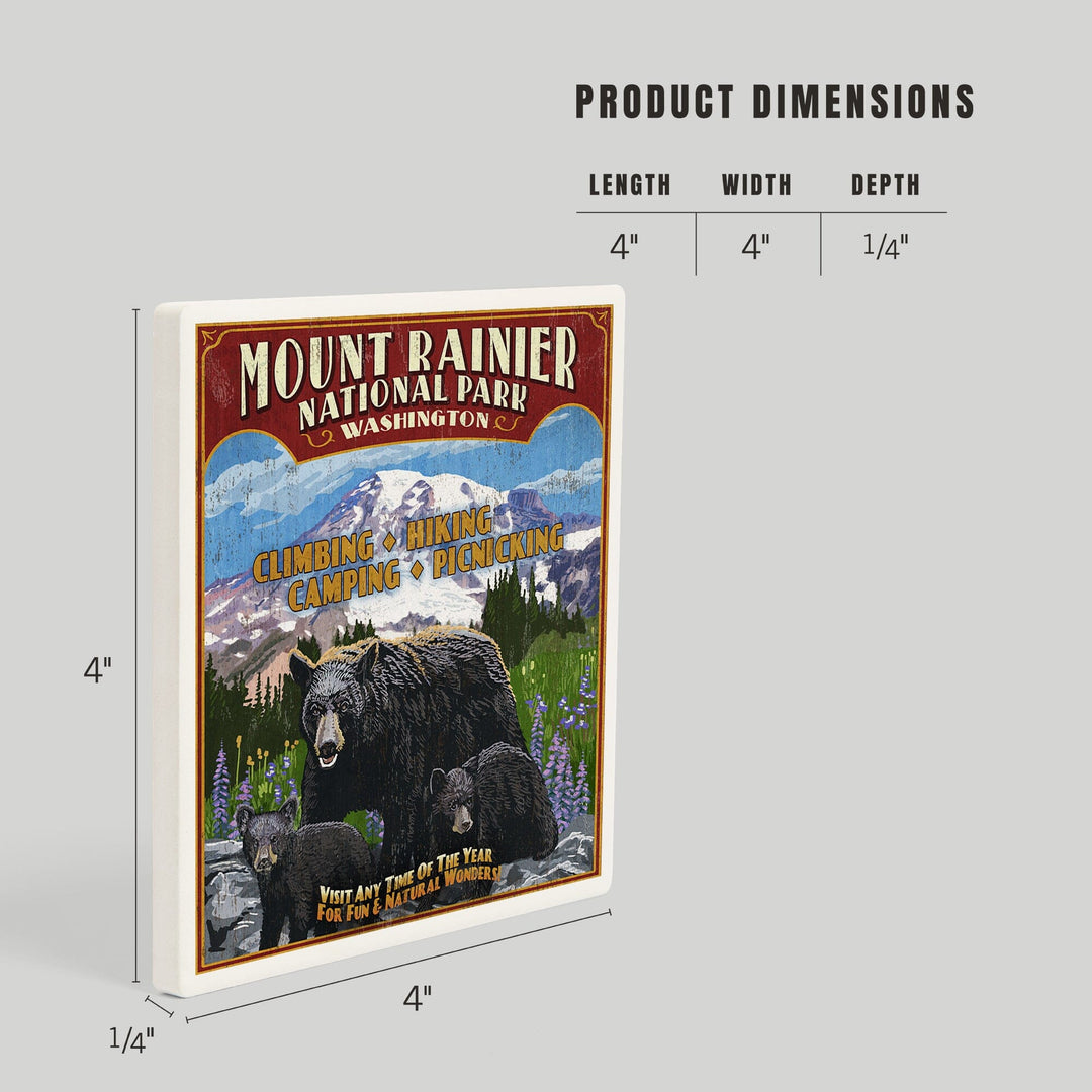 Mount Rainier National Park, Bear Family Vintage Sign, Coasters Coasters Lantern Press 