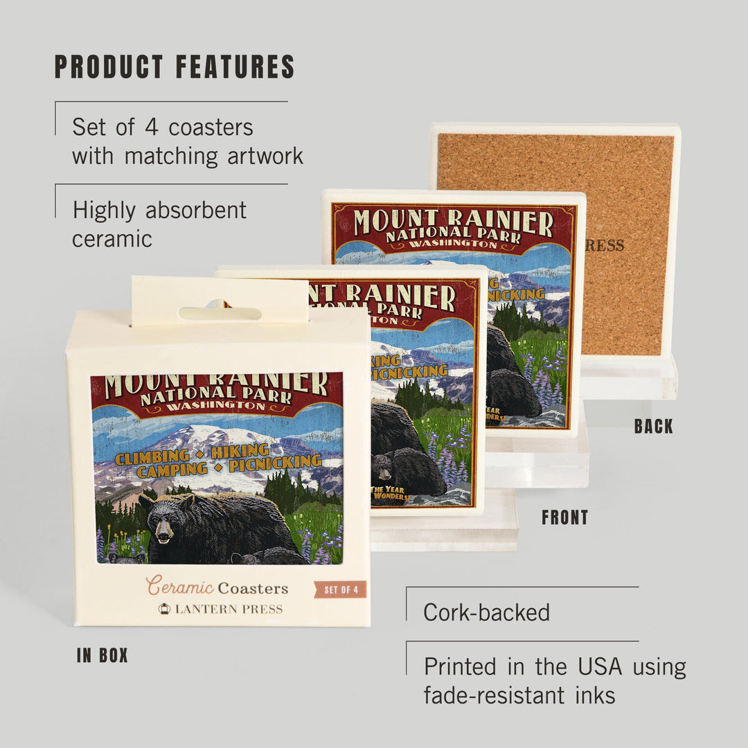 Mount Rainier National Park, Bear Family Vintage Sign, Coasters Coasters Lantern Press 