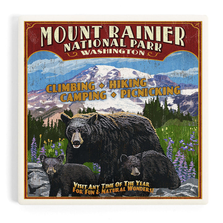 Mount Rainier National Park, Bear Family Vintage Sign, Coasters Coasters Lantern Press 
